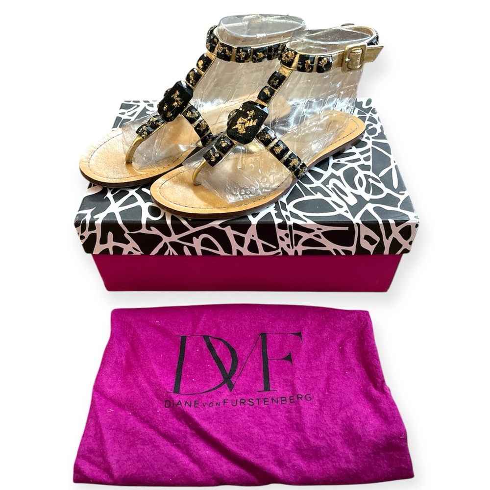 Diane Von Furstenburg Devi Gold Metallic Nappa Leather Flake Stone Sandals 7
